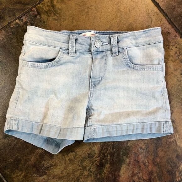 Levi Shorty Short Denim Jean Shorts Cuffed Elastic 7 - Picture 1 of 12